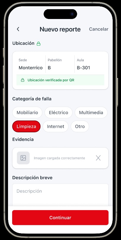 Pantalla de CampusLink para registrar evidencia de una incidencia