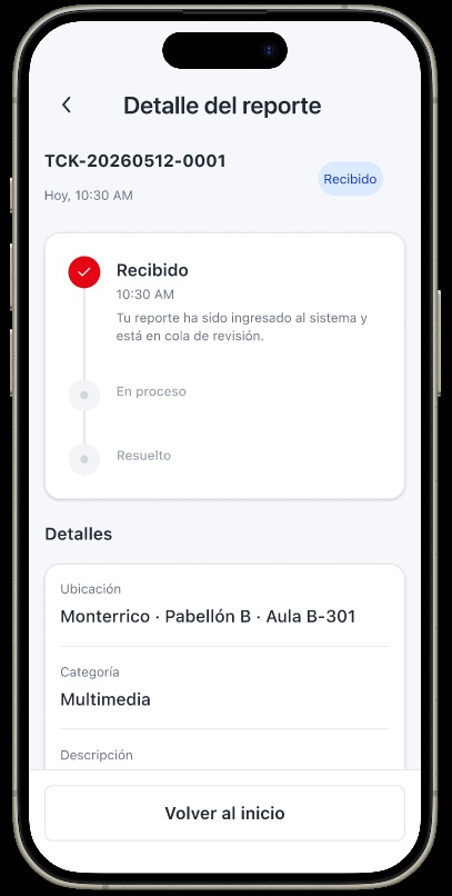 Pantalla de CampusLink para revisar el seguimiento de un reporte
