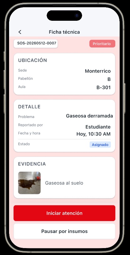 Pantalla de soporte de CampusLink recibiendo un reporte de incidencia