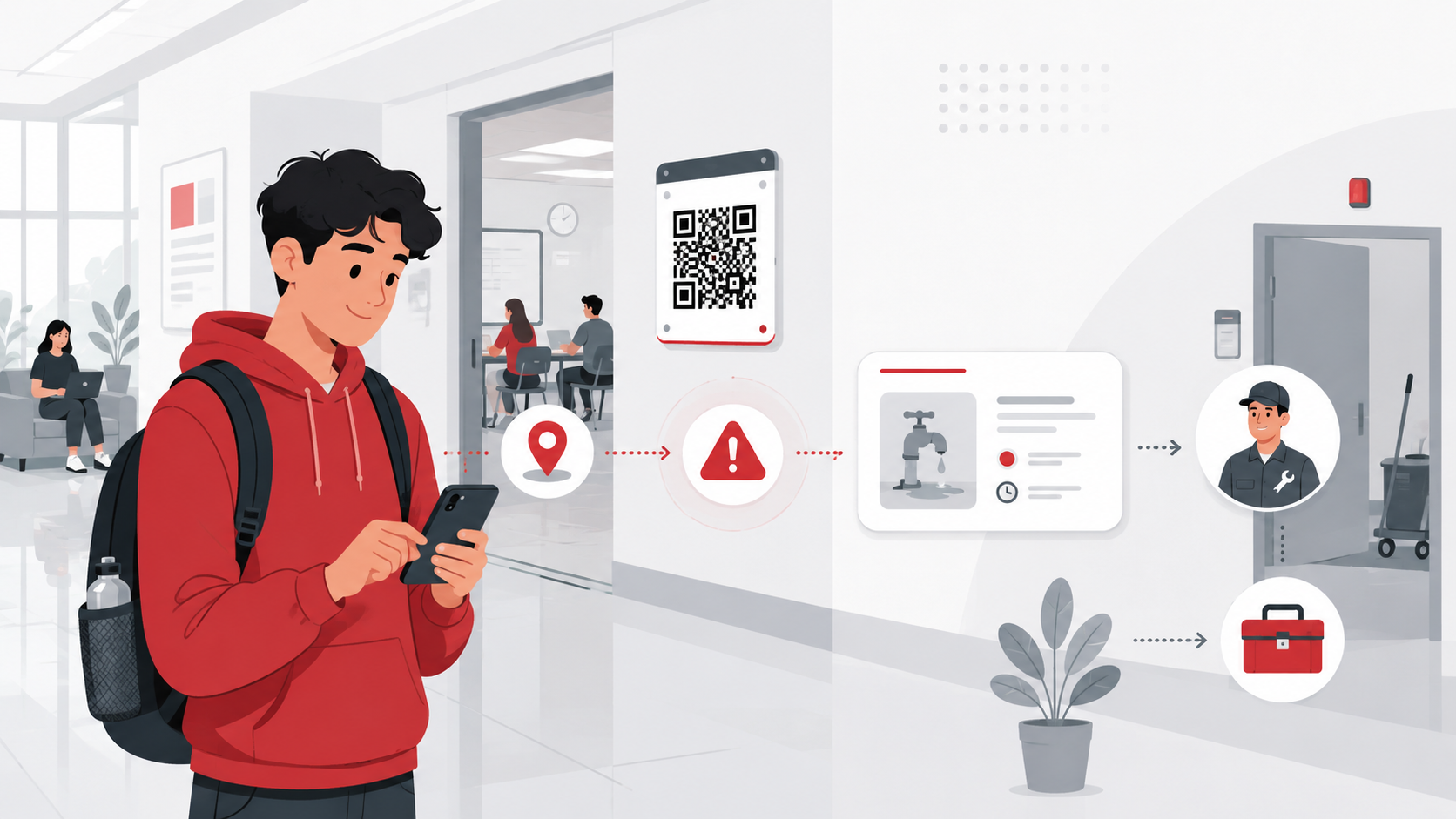 Estudiante usando CampusLink para reportar una incidencia del campus: escanea un QR, registra la falla con evidencia y el personal de soporte la atiende