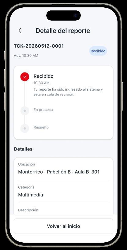 Pantalla de seguimiento del estado de un reporte en CampusLink